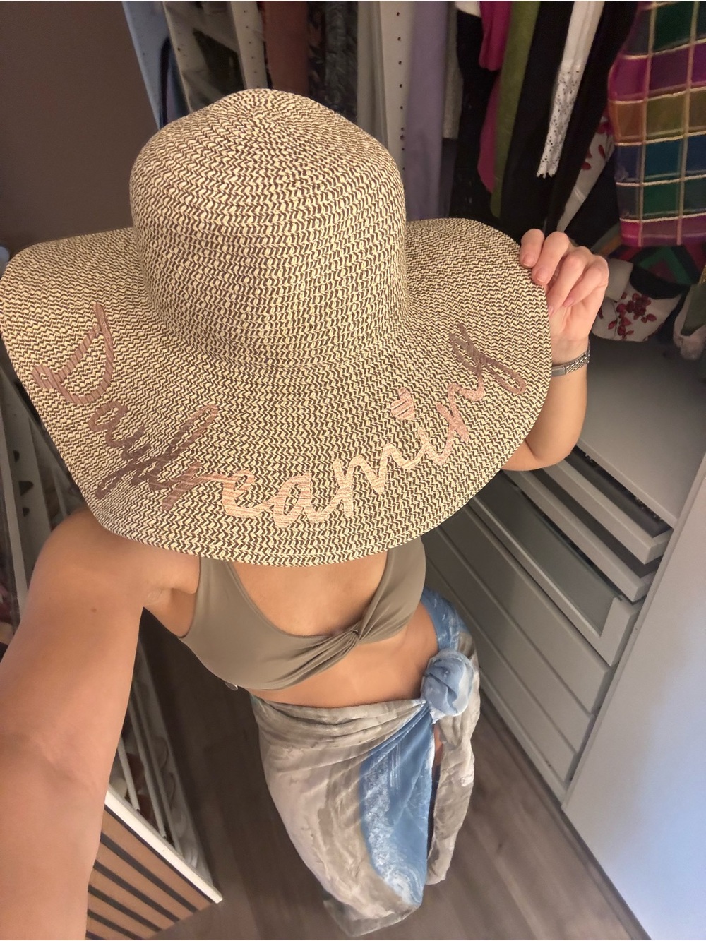 Free People Straw Wide-Brim Sun Hat with Pink Script